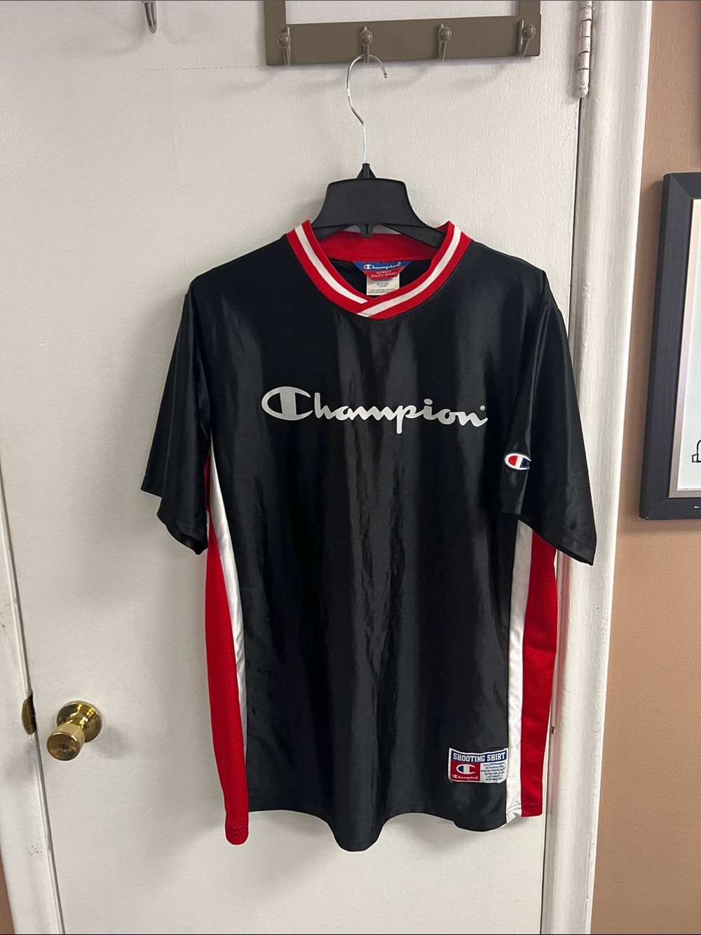 Vintage Champion Black & Red Short Sleeve Athletic Jersey Mens XL